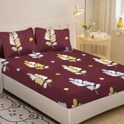 Klotthe Maroon 300 TC Polycotton Single Elastic Bedsheet with 2 Pillow Covers-picture-14