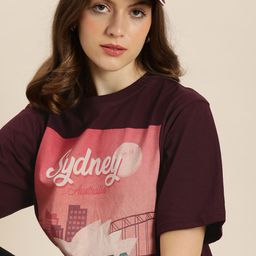 DILLINGER Women Maroon Graphic Printed Pure Cotton Oversized Pure Cotton T-shirt-picture-45