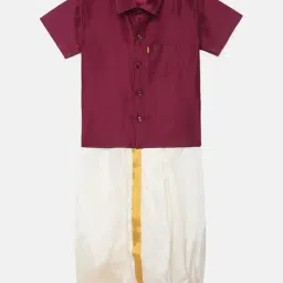 THANGAMAGAN Kids Dark Red & Cream Solid Shirt with Panjagajam-image-2