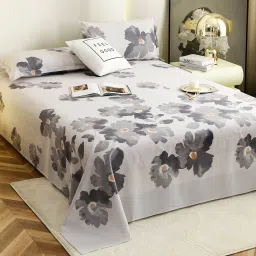 Story@Home 190 TC Double Size Bedsheet with 2 Pillow Covers, Grey & White, Floral image 1