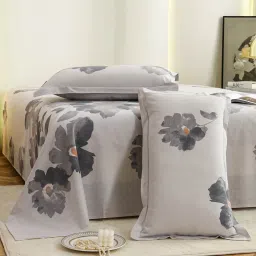 Story@Home 190 TC Double Size Bedsheet with 2 Pillow Covers, Grey & White, Floral image 3