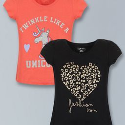 Plum Tree Pack Of 2 Cap Puffed Sleeve Unicorn & Heart Design Leopard Glitter Printed Tops - Coral & Black-picture-30