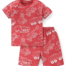 Babyhug Cotton Knit Single Jersey Half Sleeves Night Suit With Construction Vehicle Print - Red-picture-21