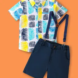 OLLINGTON ST. 100% Cotton Knit Half Sleeves Collared Shirt & Twill Shorts Set Leaf Print With Suspender Multicolor-picture-33
