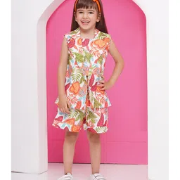 AJ Dezines Pure Cotton Sleeveless Leaves Printed Coordinating Top & Shorts With Jacket -Orange-picture-16