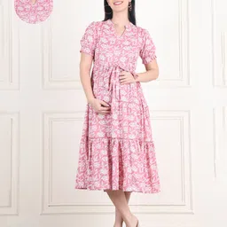 Moms Maternity Half Sleeves Floral Printed Maternity Midi Dress With Zipperless Nursing Access - Pink-picture-22