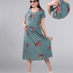 Mamma's Maternity Rayon Short Sleeves Floral Printed Maternity Dress With Nursing Access - Green-image-16