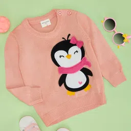 Pantaloons Baby Full Sleeves Penguin Patch Embroidered Sweater - Coral-picture-30