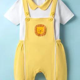 kookie kids india Kookie Kids Interlock Knit Dungaree & Half Sleeves Polo T-Shirt With Lion Print - Yellow & White-picture-24