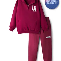Primo Gino 100% Cotton Knit Terry Oversized Drop Shoulder Full Sleeves High Neck Zipper Sweatshirt with Print at Front & Back and Jogger Set- Maroon-picture-27