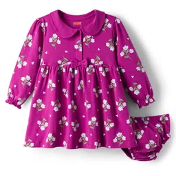 Babyhug Single Jersey Knit Full Sleeves Frock With Bloomers & Floral Print - Purple-picture-25