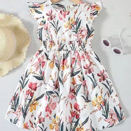 Bolly Lounge Cotton Blend Woven Frill Sleeves Floral Printed Dress - White-picture-34