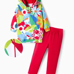 OLLINGTON ST. 100% Cotton Knit Floral Printed Full Sleeves Hooded Top & Stretchable Lycra Lounge Pant Set - Multicolor & Red-picture-29