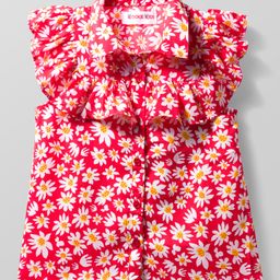 kookie kids india Kookie Kids Woven Sleeveless Front Open Collared Shirt Top with Floral Prints & Frill Detailing - Red-picture-48