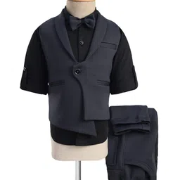 Robo Fry Cotton Woven Full Sleeves Solid 3 Piece Party Suit With Bow - Charcoal Grey-image-24