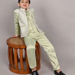 Fourfolds Jacquard Woven Full Sleeves Sequins Embellished Blazer & Trouser Set - Green-picture-24