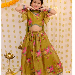BownBee Organza Woven Frill Sleeves Floral Printed & Lace Embellished Lehenga Choli With Dupatta Set - Mustard-picture-13