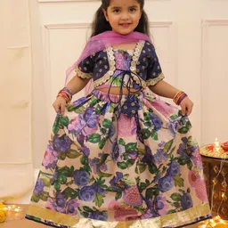 KID1 Silk Woven Half Sleeves Gota Lace Embellished & Floral Printed Choli Lehenga With Net Dupatta Set - Navy Blue-picture-24