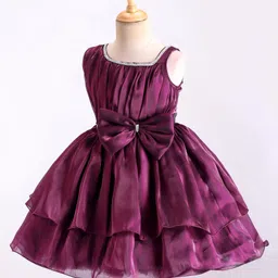 Bluebell Tissue Sleeveless Party Frock With Embellished & Bow Applique- Wine image 2