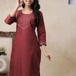 AUZAAI COLLECTION Selection Of 2 Floral Thread Work Round Neck Straight Kurtas-picture-24