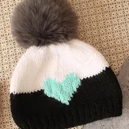 Woonie Pack Of 2 Handknitted Heart Detailed Colour Blocked Caps - White image 3