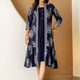 NG FASHION Women Elegant Floral Print Cotton Shrug with Rayon Sleeveless Blue Midi Dress-image-1