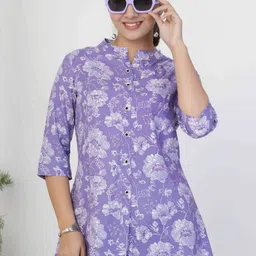 MEHKFAB Women Floral Printed Mandarin Collar Three-Quarter Sleeves A-Line Top-image-15