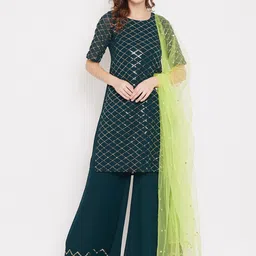 PANIT Women Green & Gold-Toned Printed Kurta with Sharara & Dupatta image 1
