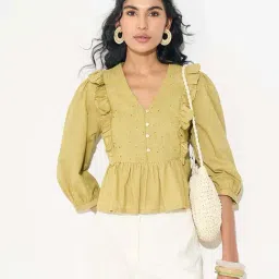 Akkriti By Pantaloons Green Moss Regular Fit Embroidered Top image 4