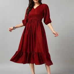 Raiyani Enterprise Puff Sleeve Tiered Fit & Flare Midi Dress-image-76