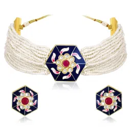 Peora Gold Plated Blue Synthetic Stone & Beads Studded Necklace Earrings Set image 3