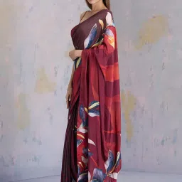 navyasa by liva Maroon Printed Saree With Unstitched Blouse image 3
