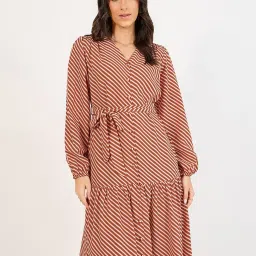 Styli Brown Polyester Flared Striped Dresses image 3