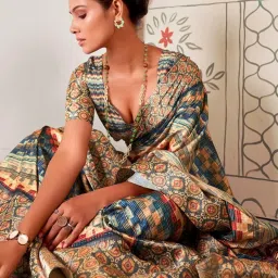 Saree Mall Blue & Brown Printed Saree With Unstitched Blouse image 3