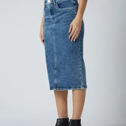 Globus Women Med Blue Stretchable Solid Mid-Rise Back Slit Midi Pencil Skirt image 3