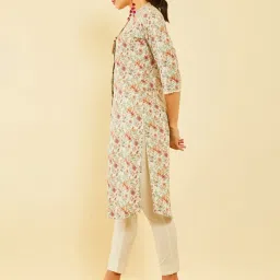 Soch Off White Poly Cotton Floral Printed Straight Kurta With Tassels image 3