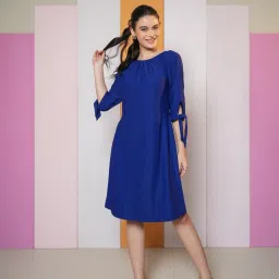PURVAJA Navy Blue Solid Three-Quarter A-Line Dress image 3
