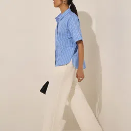 Wardrobe by Westside Blue Pinstriped Cotton Shirt image 3