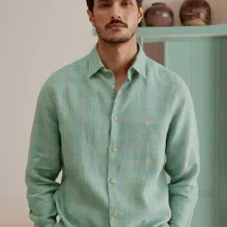 ANDAMEN Teal Regular Fit Check Linen Shirt-picture-43