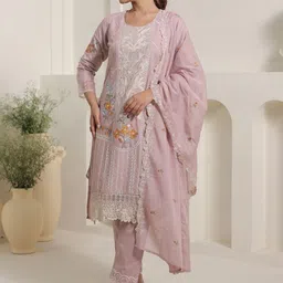 Indo Era Women Floral Embroidered Regular Thread Work Pure Cotton Kurta with Trousers & With Dupatta image 2