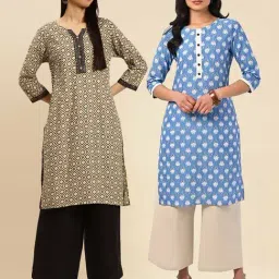 Rangita Beige & Blue Floral Print Straight Kurti - Pack of 2-image-37