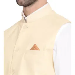 VASTRAMAY Cream Cotton Straight Fit Nehru Jacket image 4
