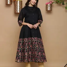 Juniper Black Chanderi Floral Printed Anarkali Women Kurta With Buttons-picture-12