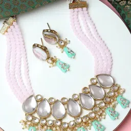 OOMPH Pink & Mint Green Beads & Kundan Jadau Ethnic Choker Necklace Set with Drop Earrings-picture-18