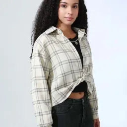 Showoffff Beige Cotton Regular Fit Checked Crop Top With Inner image 3