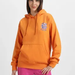 JUNEBERRY Orange Fleece Graphic Print Hoodie-image-21