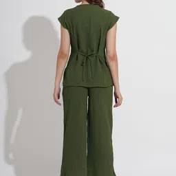 Murcia Women Olive Solid V Neck Waistcoat With Trouser Co-Ord Set image 2