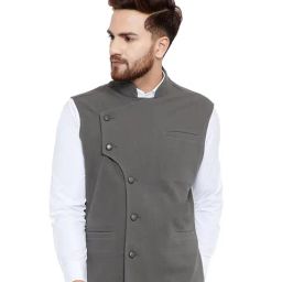 Hypernation Grey Slim Fit Mandarin Collar Cotton Waistcoat-picture-28