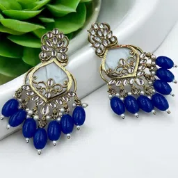 strucker Gold Plated Kundan Studded & Beaded Drop Earrings image 4