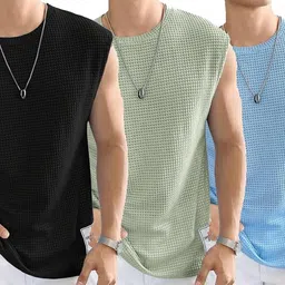 Narsingha Dreams Men's Polycotton Waffle Tank Tops Sleeveless Round Neck T-Shirt for Gym, Running and Outdoor image 1